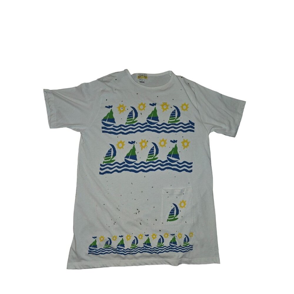 Vintage 90s C.S.T. Sport White‎ Graphic Tee/Coverup With Sailboat & Sun Print